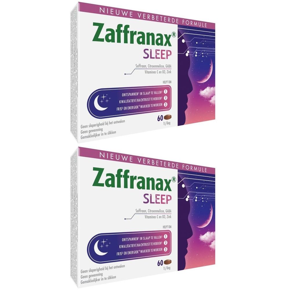 Twee dozen Zaffranax Sleep. Witte verpakking met groene en paarse tekst. Bevat 60 tabletten. Nieuwe verbeterde formule.
