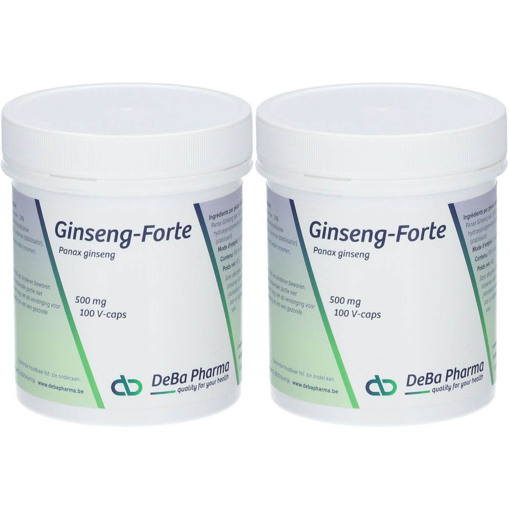 Deux pots blancs avec l'inscription Ginseng-Forte, 500 mg, 100 V-caps. Marque DeBa Pharma.