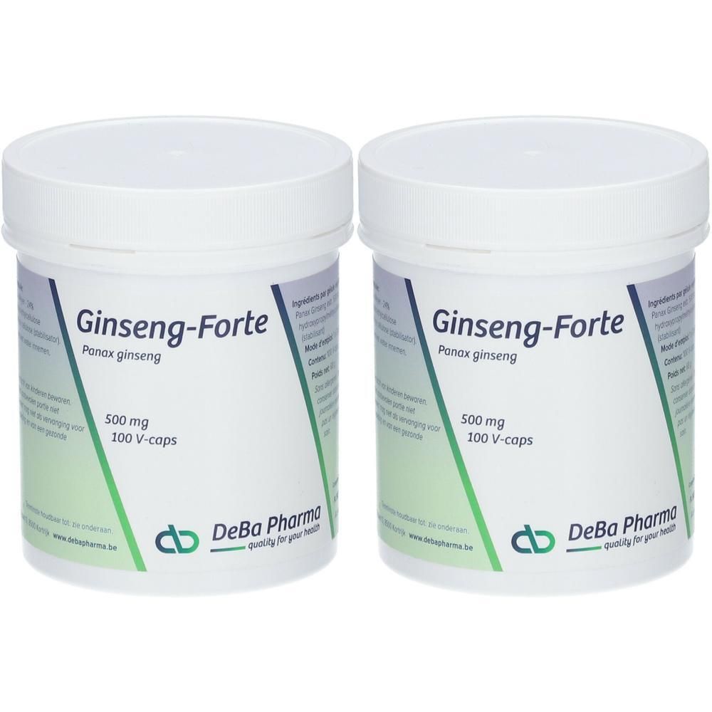 Twee witte potten met Ginseng-Forte. Bevat 500 mg en 100 V-caps. DeBa Pharma logo.