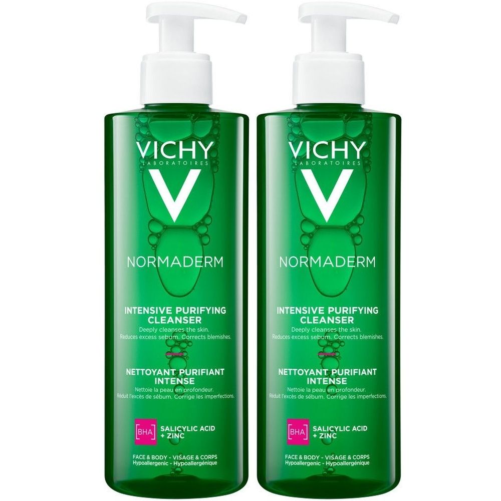 Twee groene flessen met witte pomp. Op elke fles staat "VICHY NORMADERM INTENSIVE PURIFYING CLEANSER".