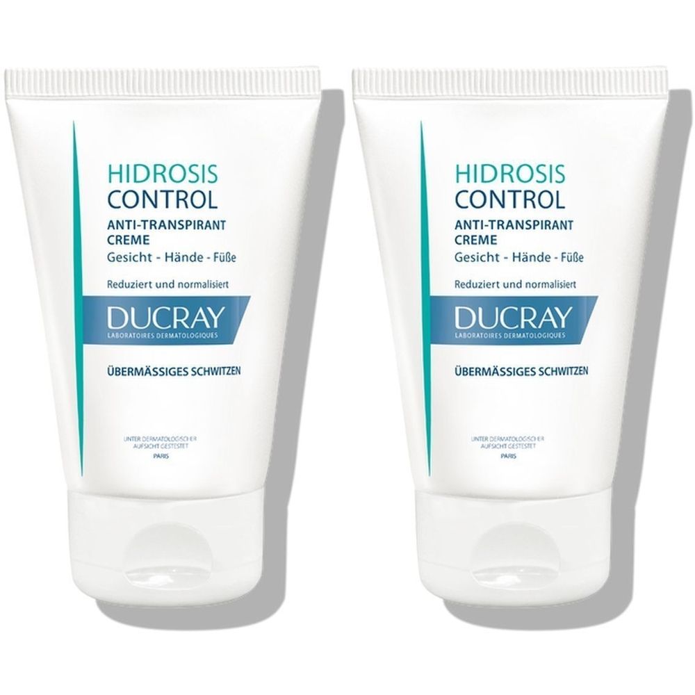 Deux tubes de crème. Inscription: HIDROSIS CONTROL, crème anti-transpirante, visage-mains-pieds, Ducray.