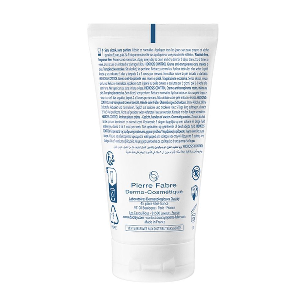 Achterkant van een tube Ducray Hidrosis Control crème met gebruiksaanwijzing.