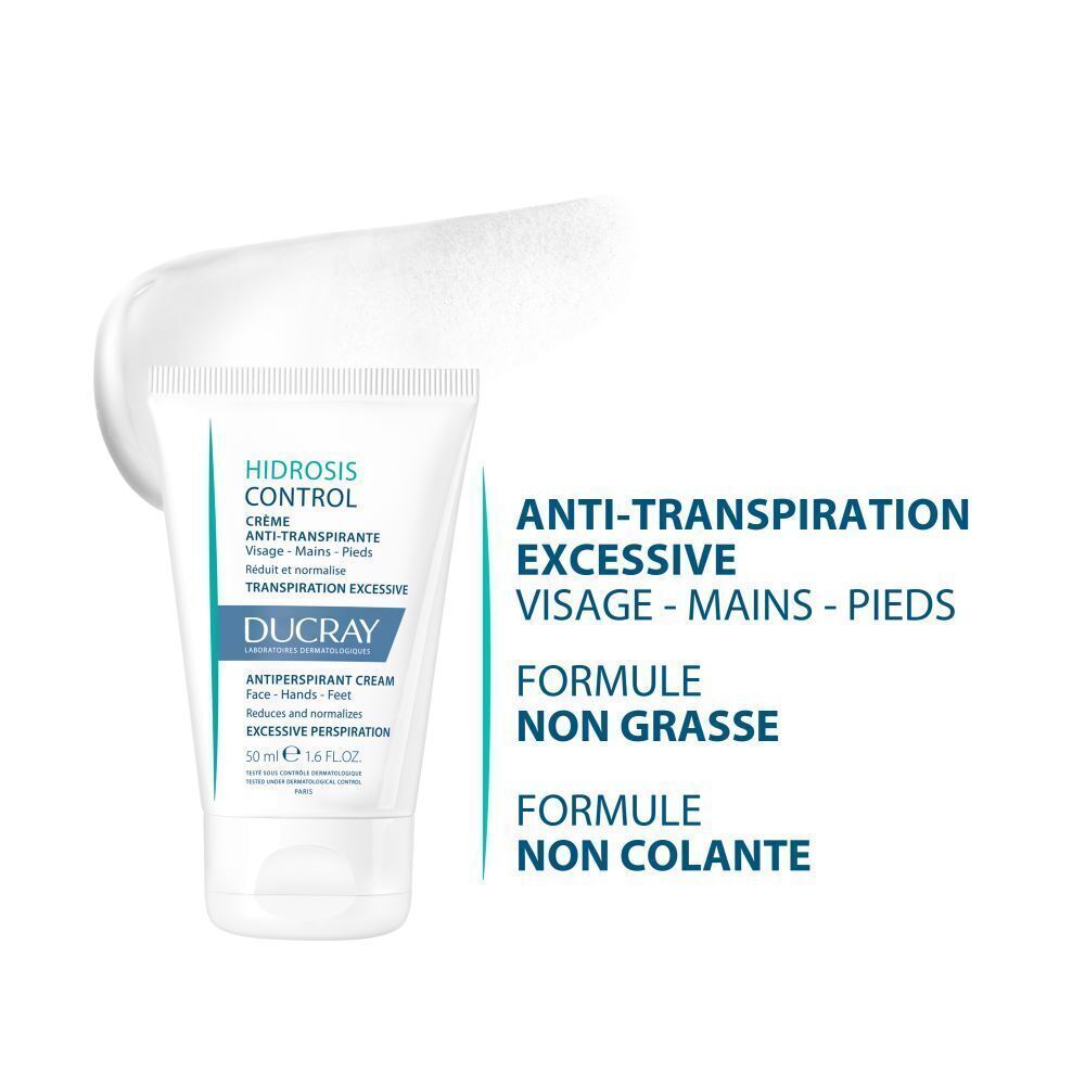 Tube de crème avec texte : "HIDROSIS CONTROL". À côté, texte : "ANTI-TRANSPIRANT".