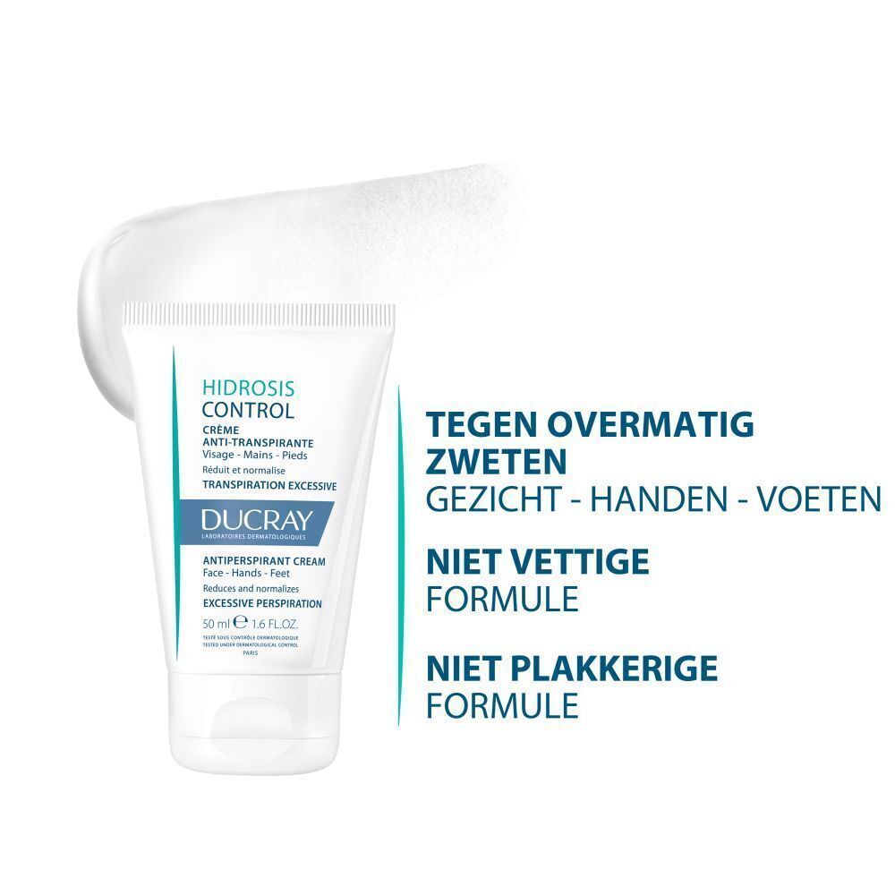 Crèmetube met tekst: "HIDROSIS CONTROL". Daarnaast tekst: "TEGEN OVERMATIG ZWETEN".