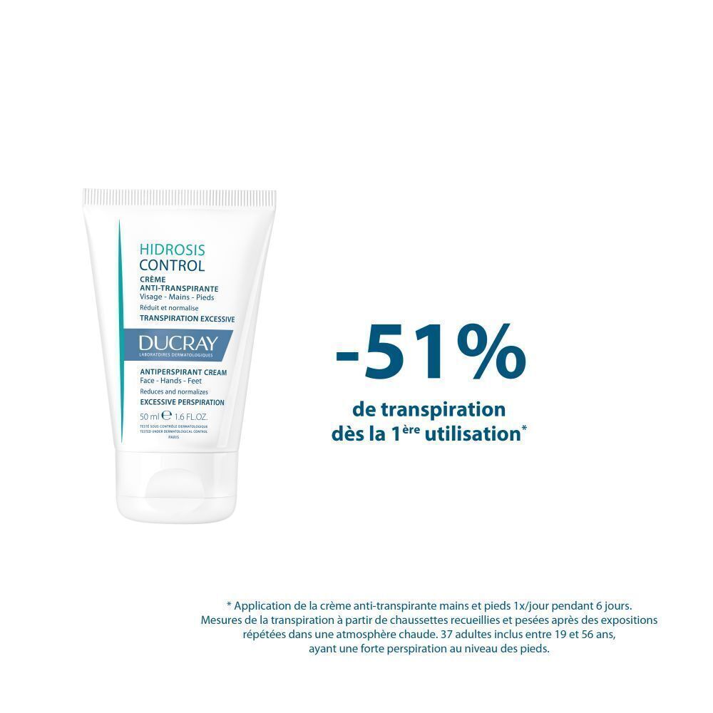 Tube de crème avec texte : "HIDROSIS CONTROL". À côté, texte : "-51% de transpiration".