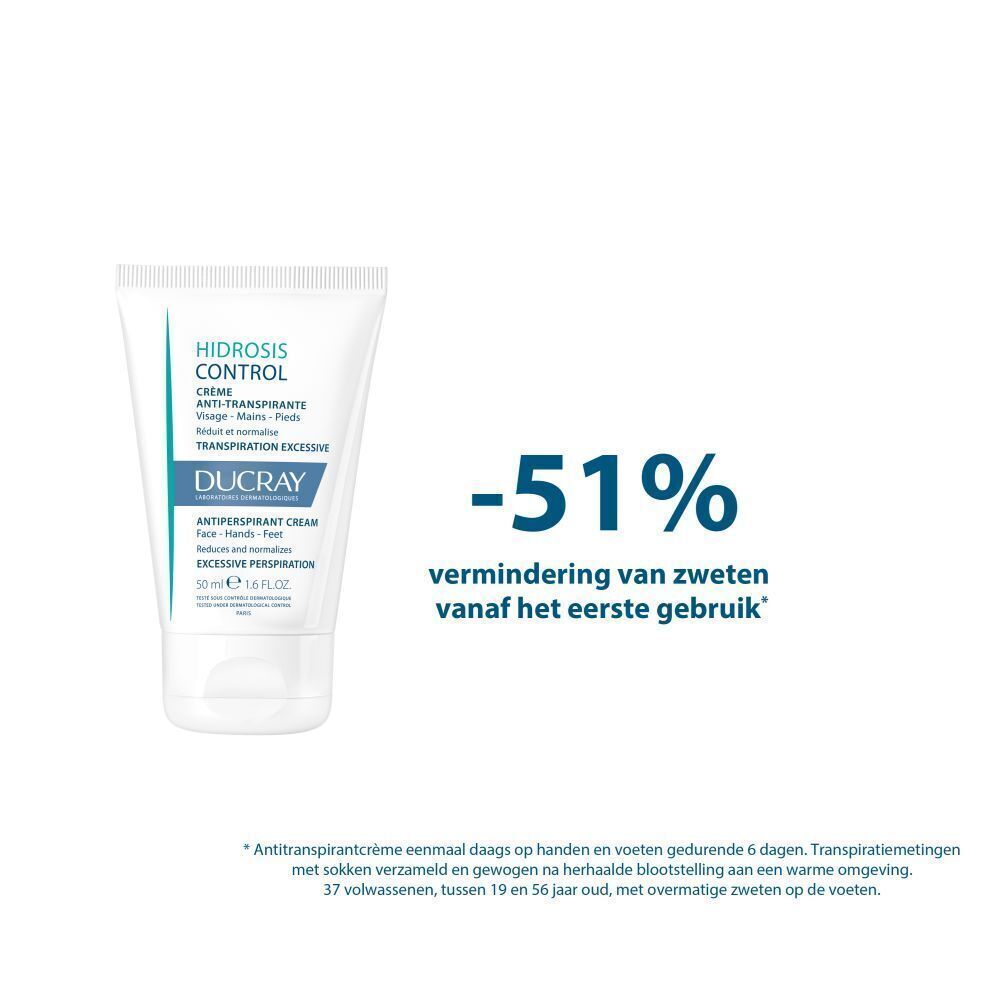 Crèmetube met tekst: "HIDROSIS CONTROL". Daarnaast tekst: "-51% vermindering van zweten".
