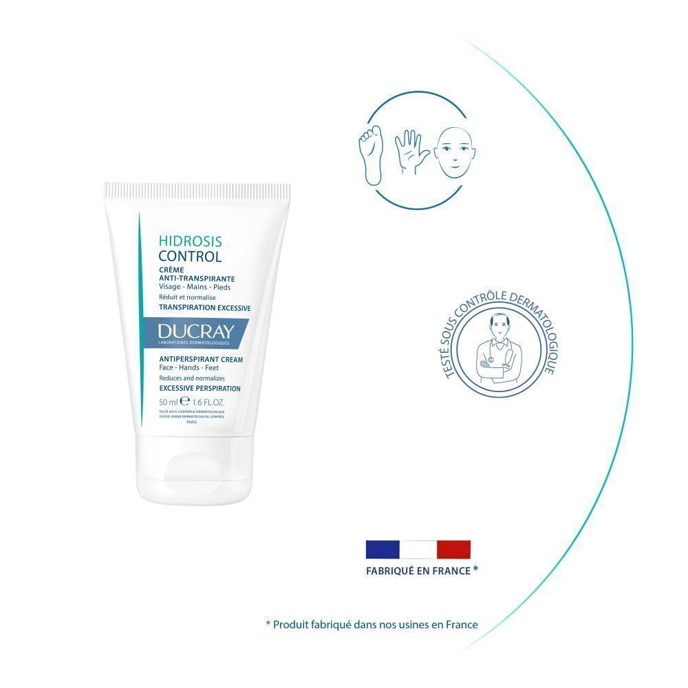 Tube de crème avec texte : "HIDROSIS CONTROL". Icônes et drapeau "Fabriqué en France".