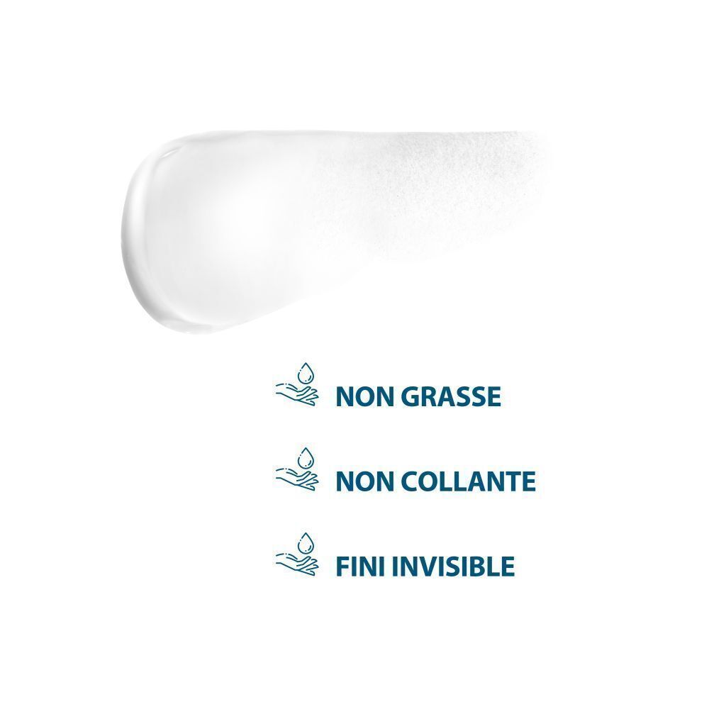 Tache de crème blanche. Texte : "NON GRASSE", "NON COLLANTE", "FINI INVISIBLE".