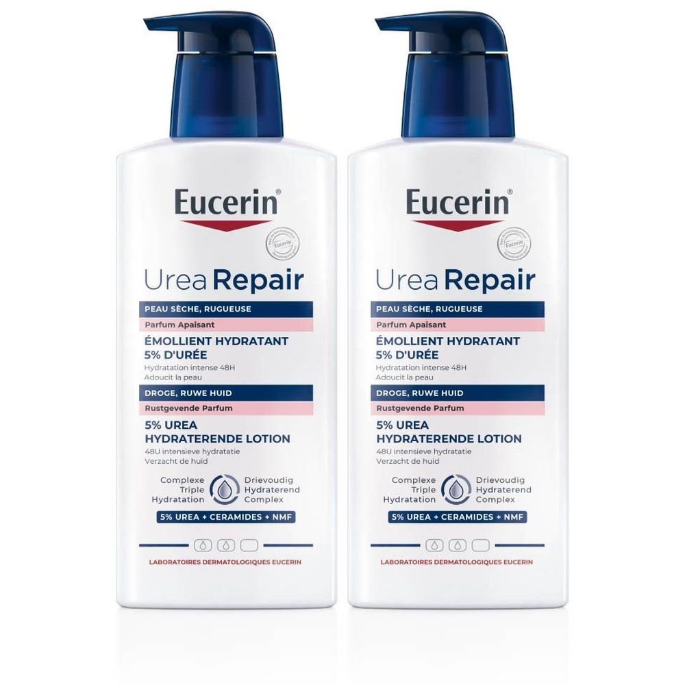 Deux flacons blancs avec pompe bleue. Inscription: Eucerin UreaRepair, Emollient Hydratant 5% d'Urée. Pour peaux sèches et rugueuses.