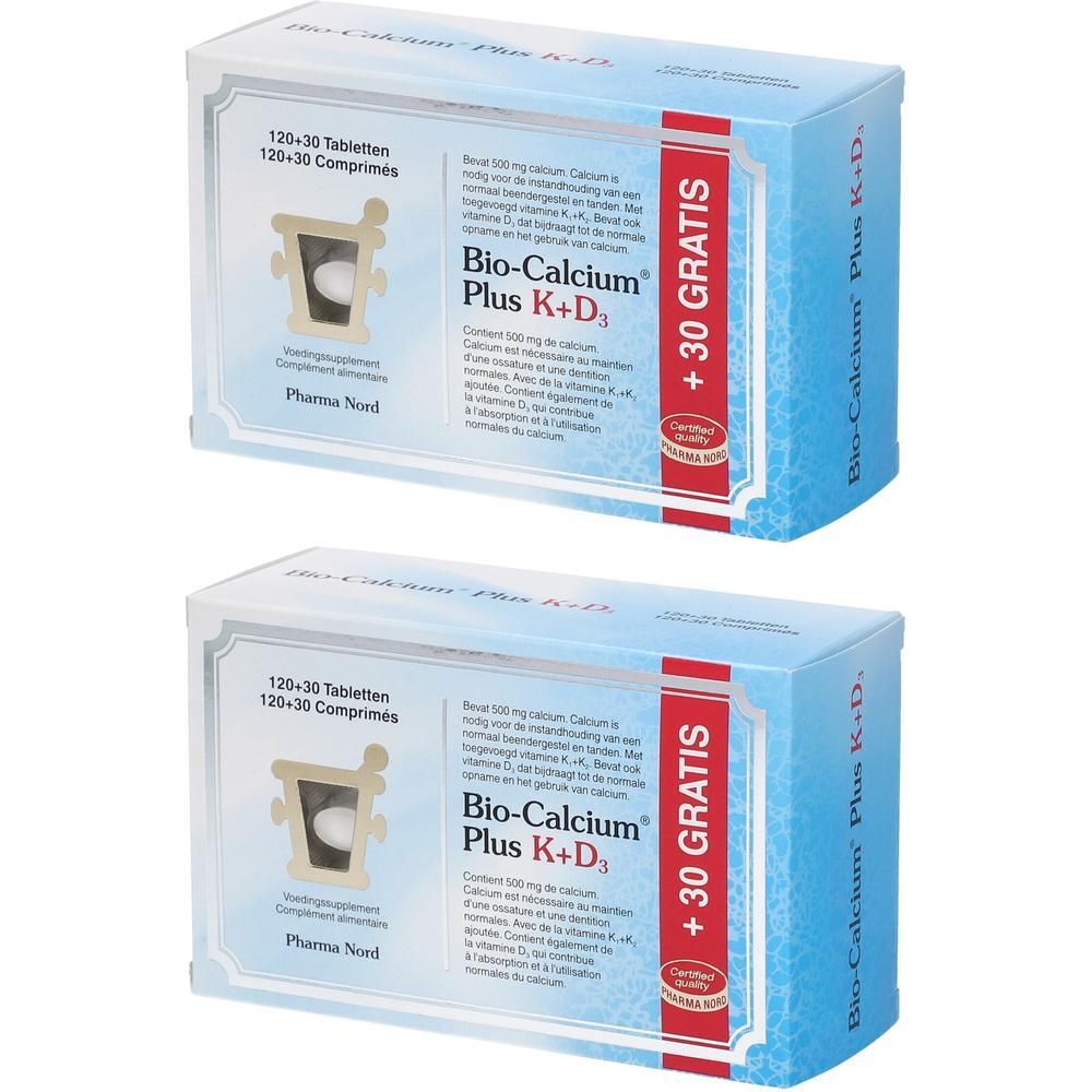 Twee verpakkingen Bio-Calcium Plus K+D3. Blauwe dozen met productnaam en logo. 120+30 tabletten.