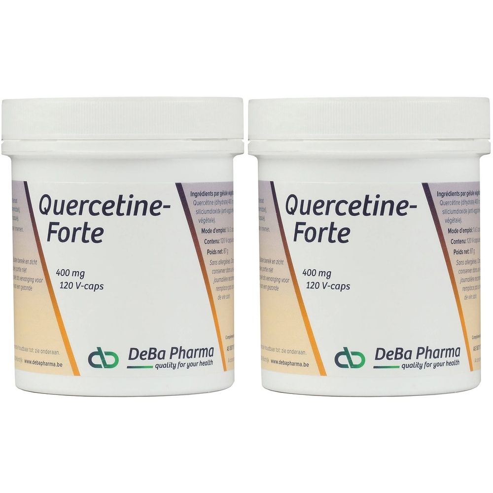 Twee witte potten met deksels. Opschrift: Quercetine-Forte, 400 mg, 120 V-caps. Logo DeBa Pharma.