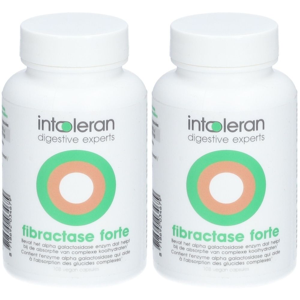 Deux flacons blancs de « fibractase forte ». Inscription « intoleran digestive experts » et logo vert.