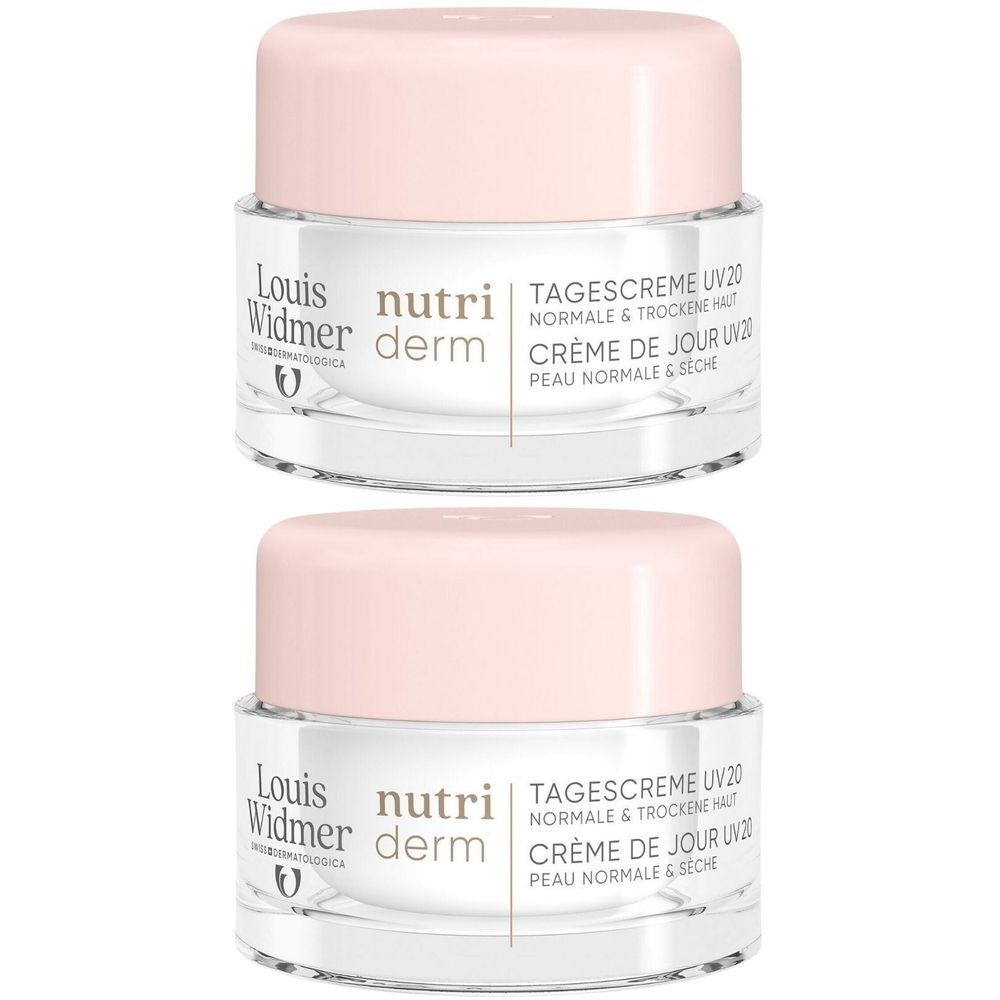 Twee crèmepotten met roze deksels. De etiketten tonen "Louis Widmer Nutriderm" en "Dagcrème UV20".