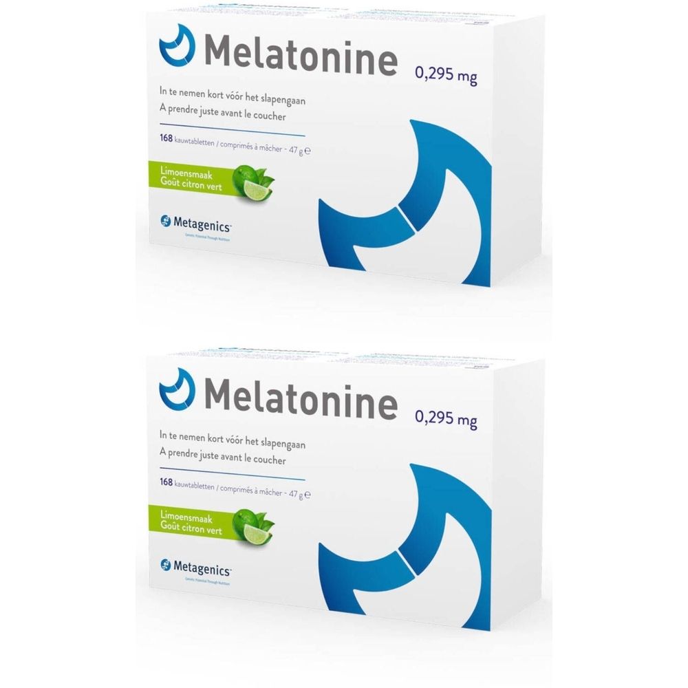 Deux boîtes blanches avec "Melatonine 0,295 mg". Graphique bleu et logo Metagenics. Texte en néerlandais et français.
