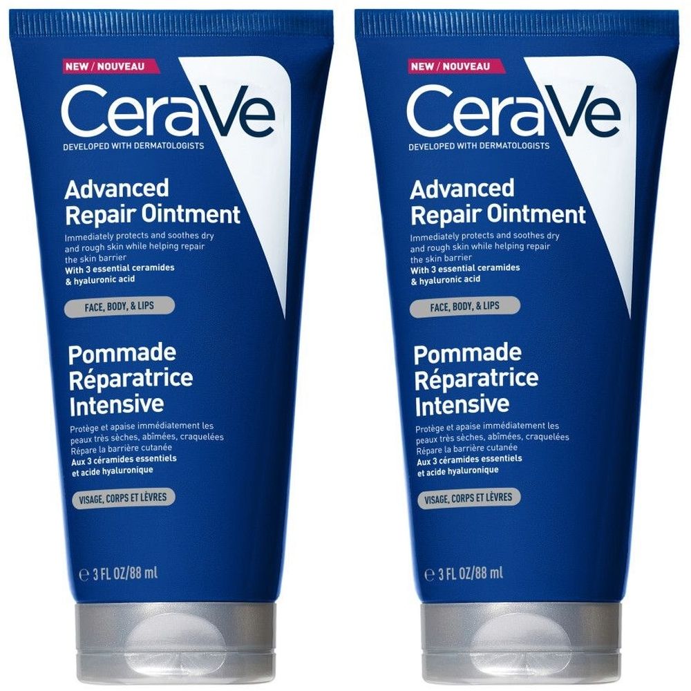 Twee blauwe tubes CeraVe Advanced Repair Ointment. Tekst: Pommade Réparatrice Intensive, gezicht, lichaam en lippen. 3 FL OZ/88 ml.
