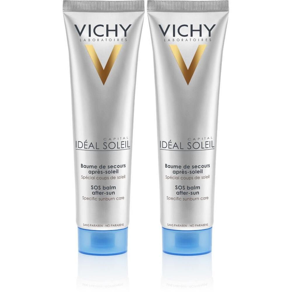 Twee tubes Vichy Aftersun Balsem. Zilveren tubes met blauwe dop. Vichy-logo en productnaam in zwart en goud.