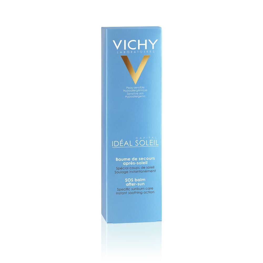Emballage en carton pour Baume après-soleil Vichy. Boîte bleu clair avec informations produit et logo Vichy.
