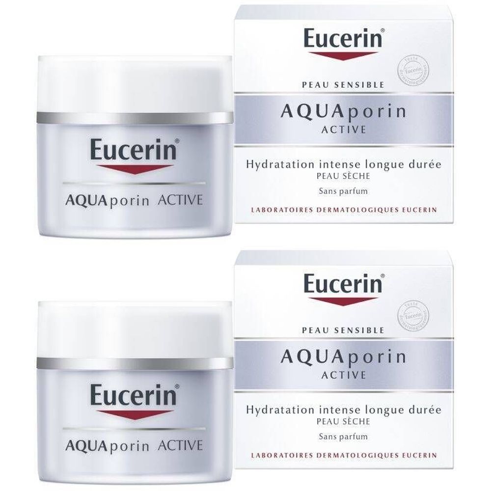 Deux pots et emballages Eucerin AQUAporin ACTIVE. Pots blancs avec logo rouge. Emballages blancs avec nom du produit.
