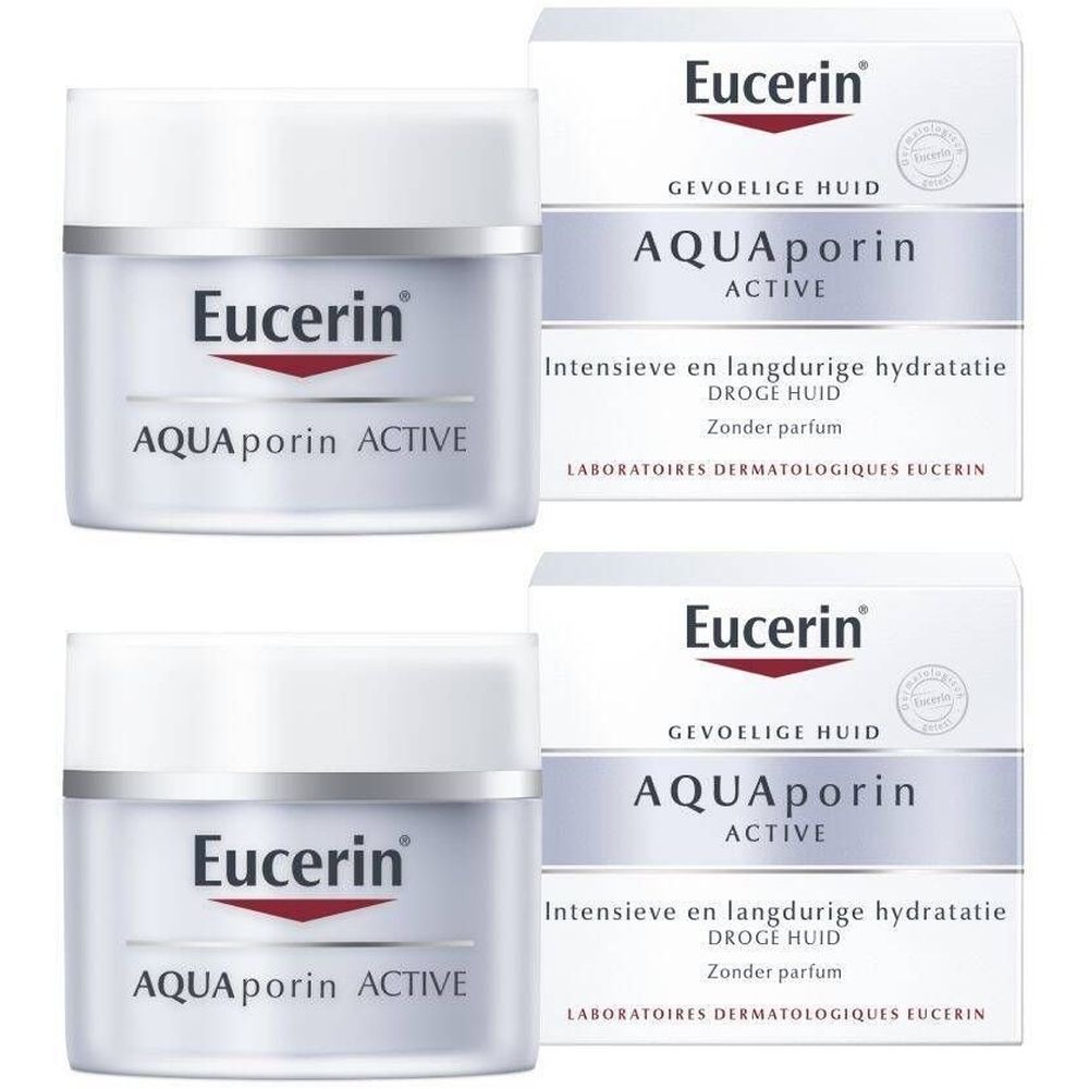 Twee potjes en verpakkingen van Eucerin AQUAporin ACTIVE. Witte potjes met rood logo. Witte verpakkingen met productnaam.