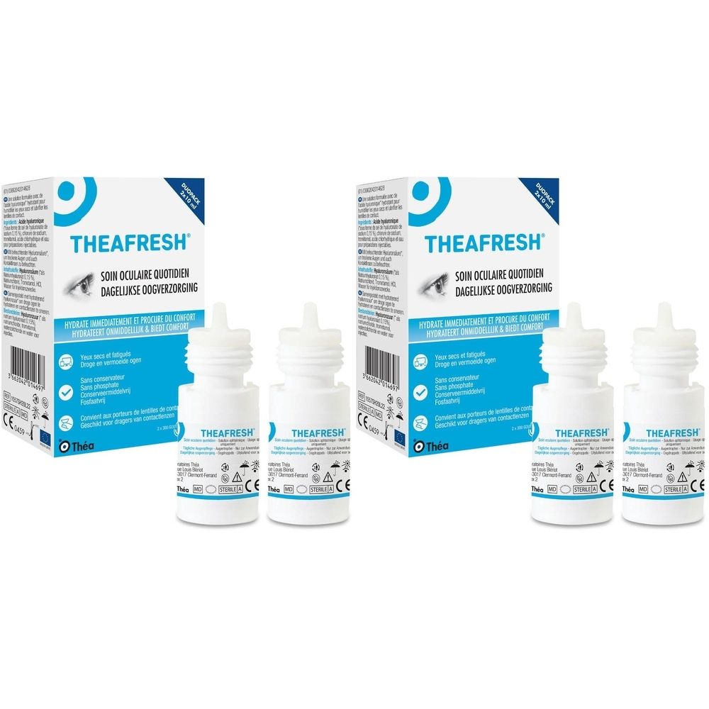 Twee dozen en vier flacons oogdruppels. De naam THEAFRESH is zichtbaar. De flacons zijn wit met blauwe opschriften.