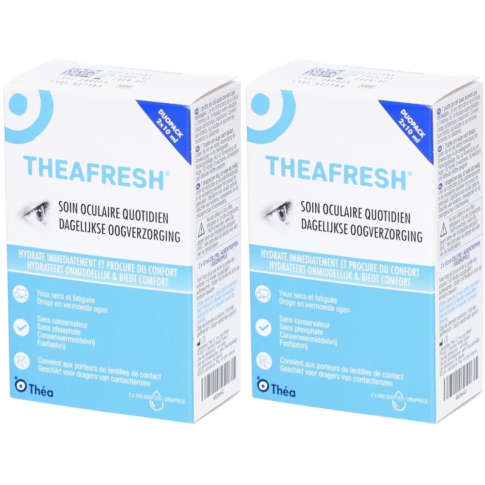 Twee THEAFRESH® DUOPACK verpakkingen. Witte dozen met blauwe accenten en productinformatie. Zichtbaar: merknaam, tekst.