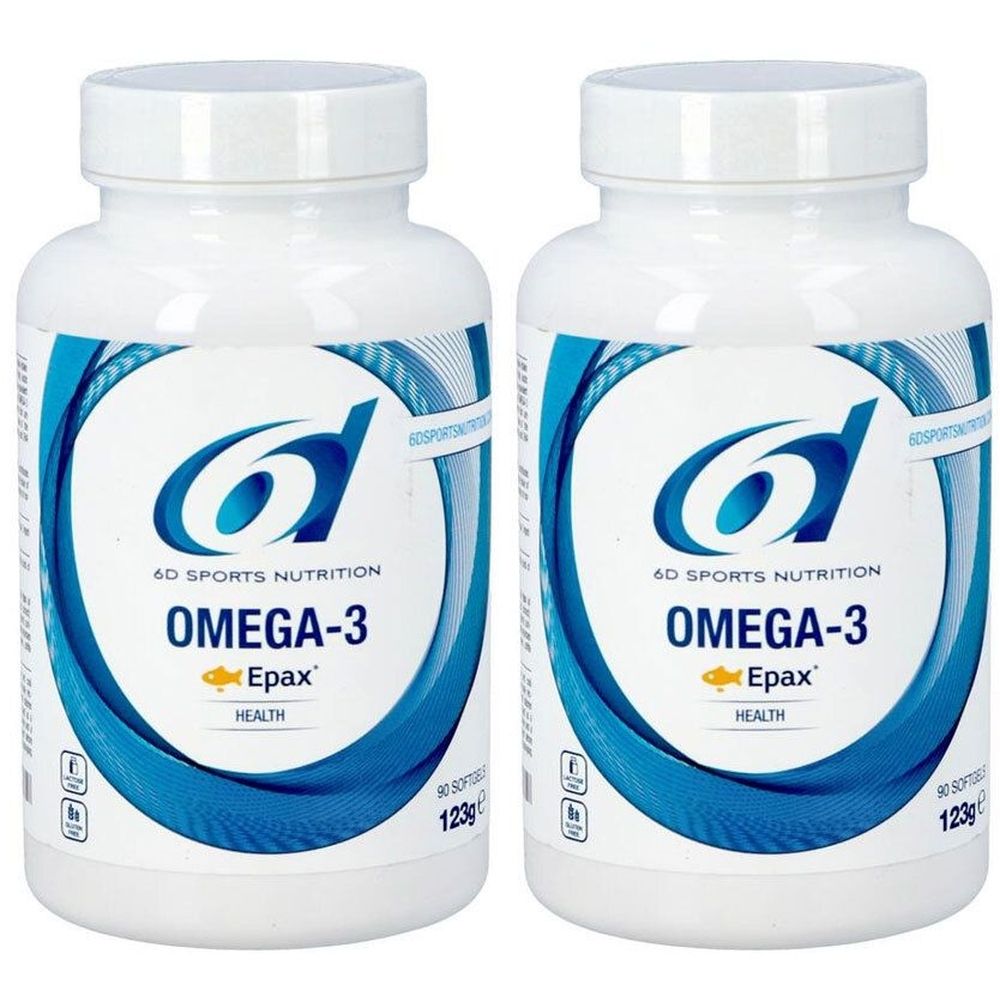 Deux flacons blancs avec étiquette bleu et blanc. Inscription: 6d Omega-3 Epax®. 90 gélules, 123g.