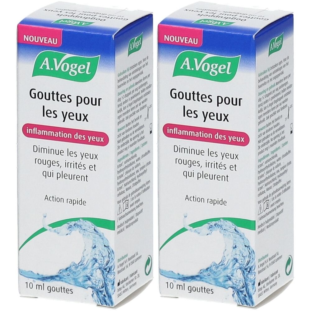 Twee dozen A.Vogel oogdruppels. Opschrift: Gouttes pour les yeux, inflammation des yeux. 10 ml.
