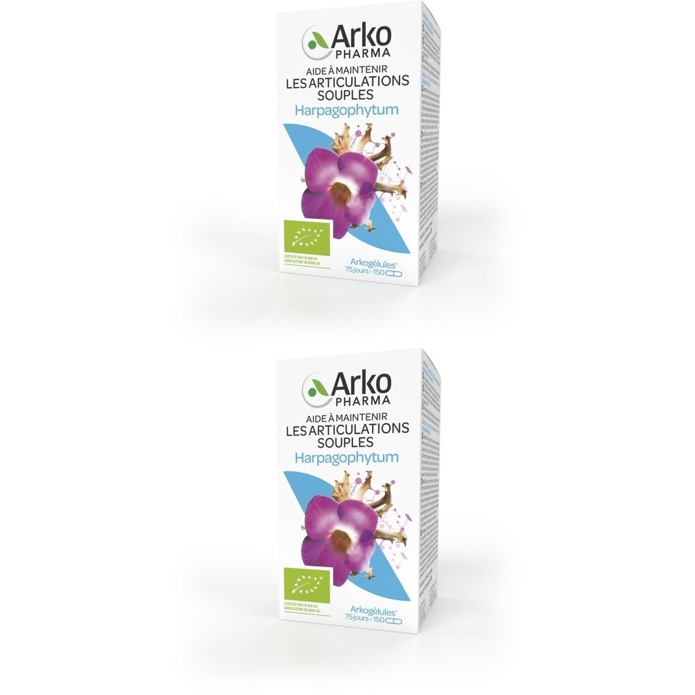 Deux boîtes Arkocaps Harpagophytum. Emballage blanc avec logo, nom du produit et illustration florale.