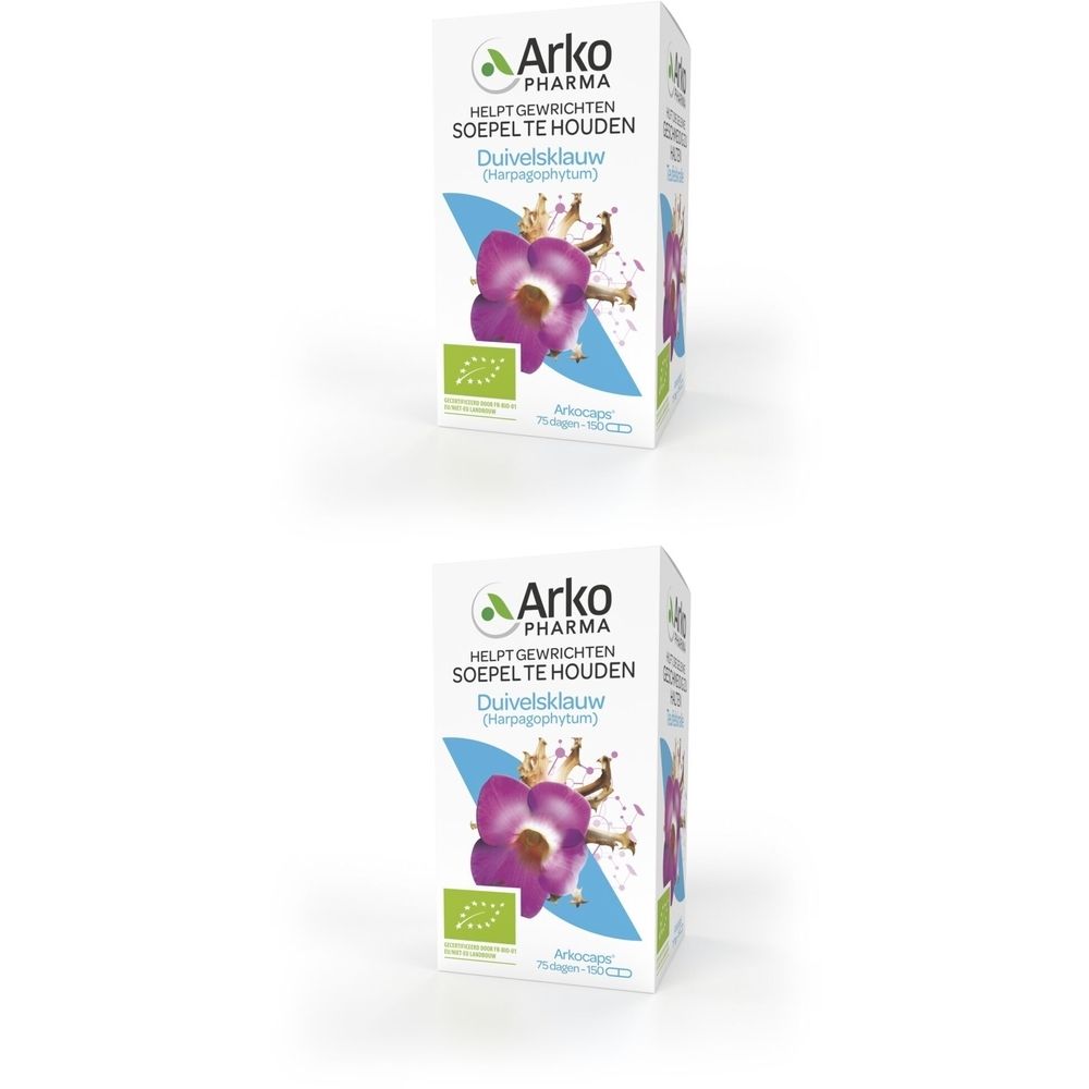 Twee dozen Arkocaps Harpagophytum. Witte verpakking met logo, productnaam en bloemenillustratie.