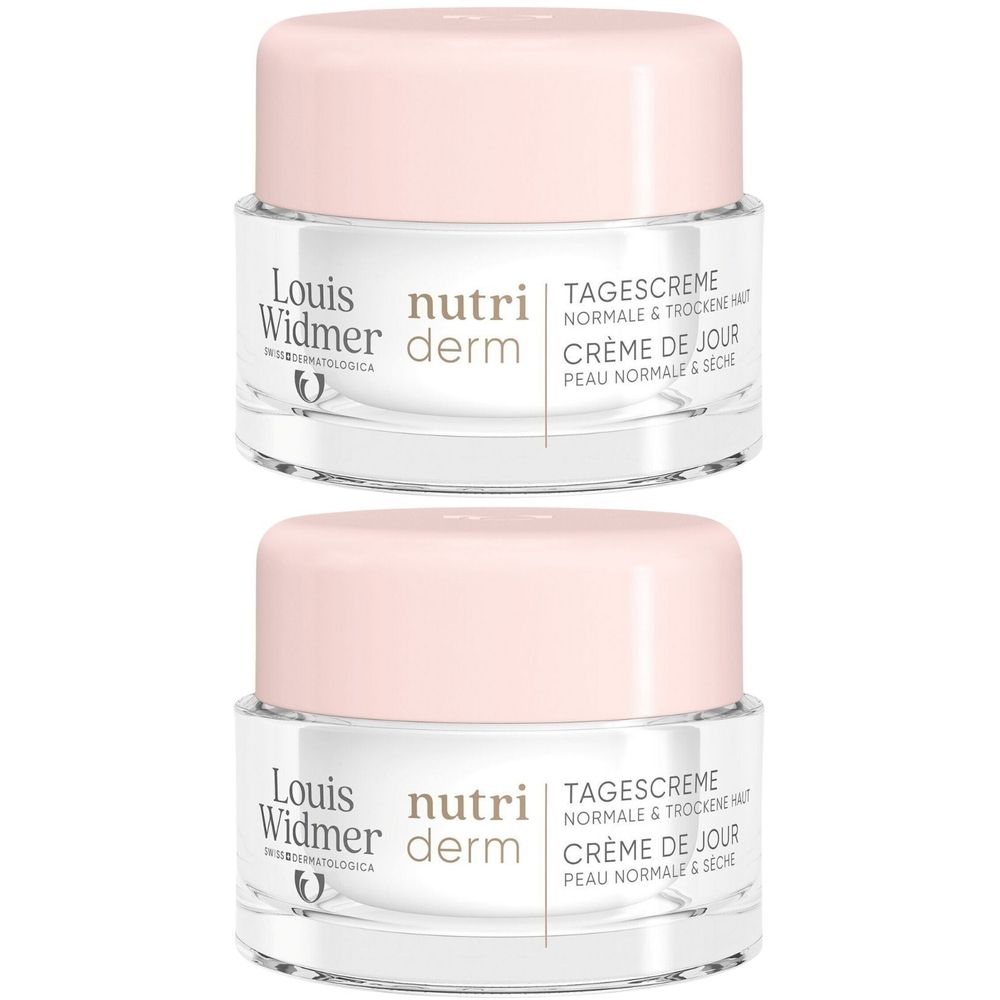 Deux pots de Louis Widmer Nutriderm Crème de Jour. Récipients en verre avec couvercles roses. Inscription : Nutriderm, Crème de Jour, Peau normale & sèche.