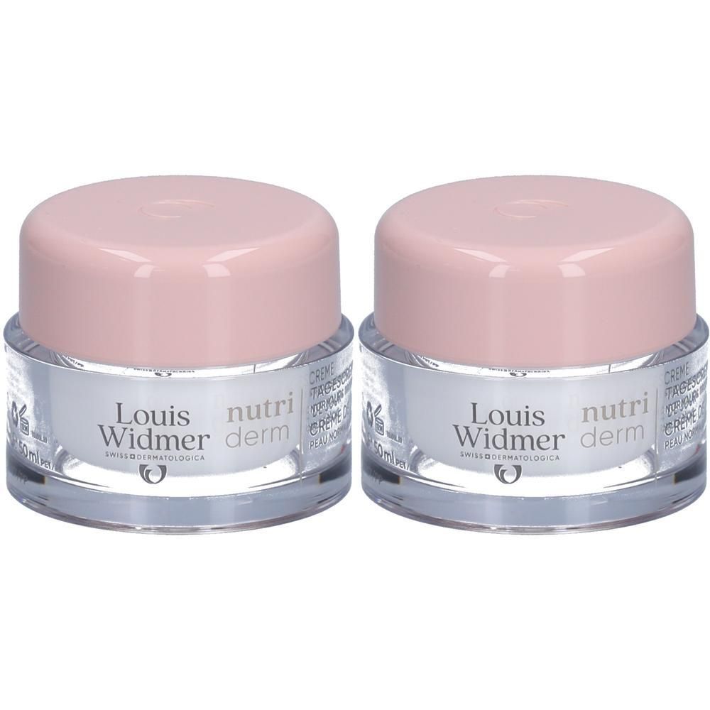 Deux pots Louis Widmer Nutriderm. Récipients en verre avec couvercles roses. Inscription: nutri derm.