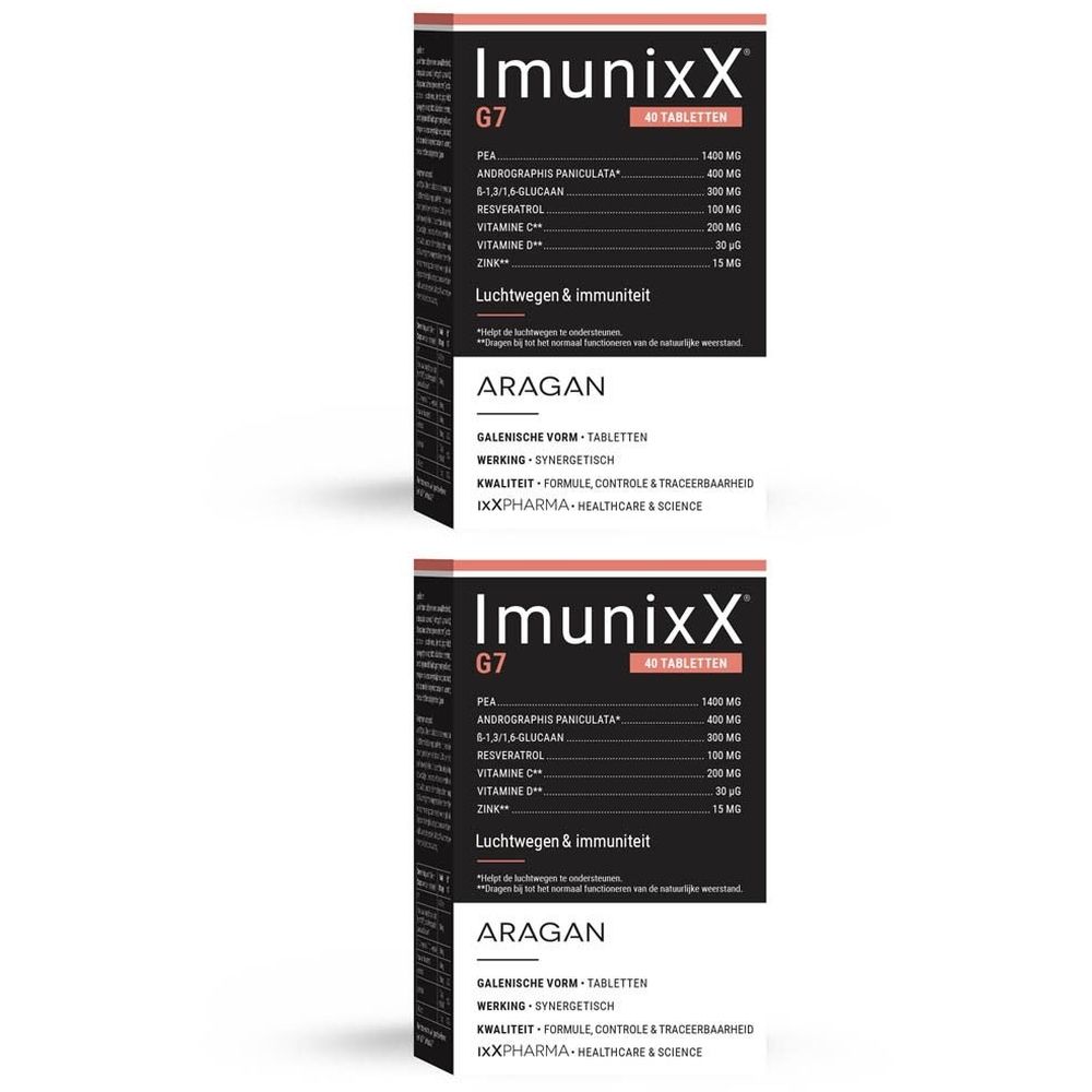 Twee verpakkingen ImunixX G7, tabletten voor immuniteit en luchtwegen. Zwarte verpakking met witte en rode details.