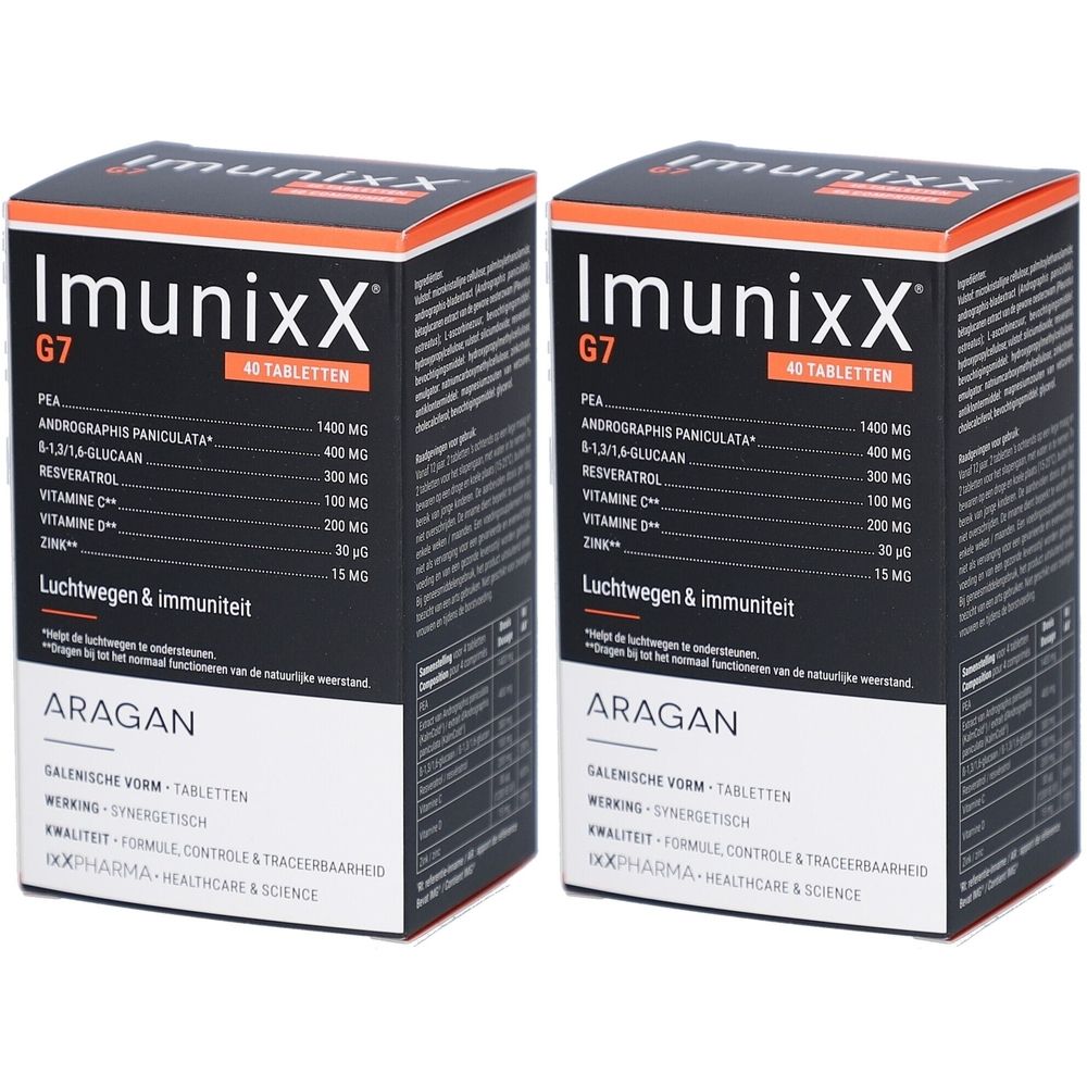 Twee dozen IMUNIXX G7. Zwarte verpakking met witte en rode tekst. Bevat 40 tabletten. Ingrediëntenlijst zichtbaar.