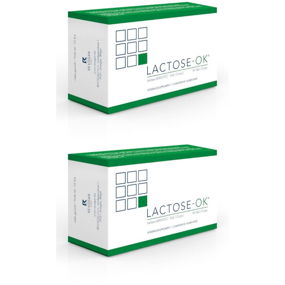 Twee witte dozen met groene deksels. Op de voorkant staat "LACTOSE-OK". Links boven is een logo met vierkanten.
