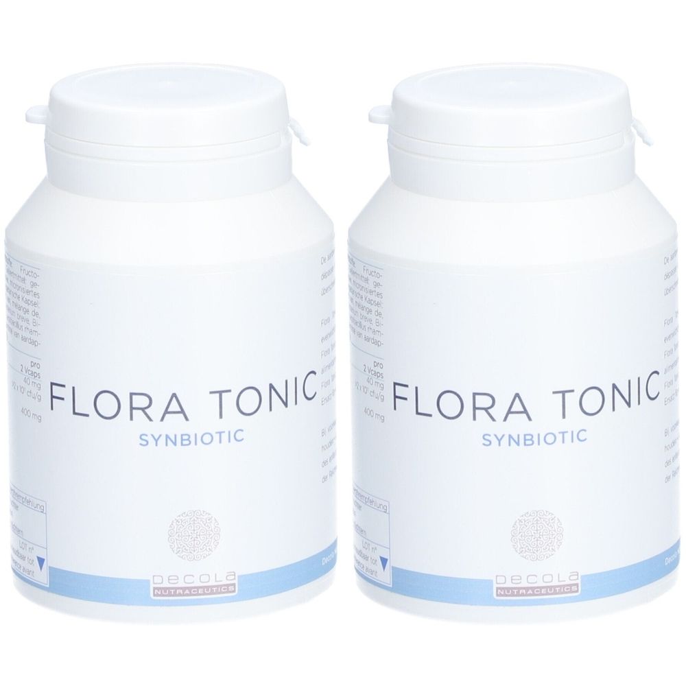 Deux flacons blancs avec couvercles. Inscription: FLORA TONIC, SYNBIOTIC. Logo: Decola Nutrition.