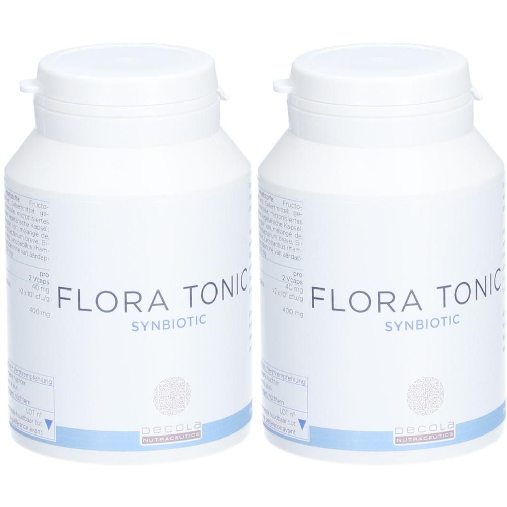 Twee witte flessen met schroefdop. Opschrift: Flora Tonic Synbiotic. Logo Decola Nutraceuticals.