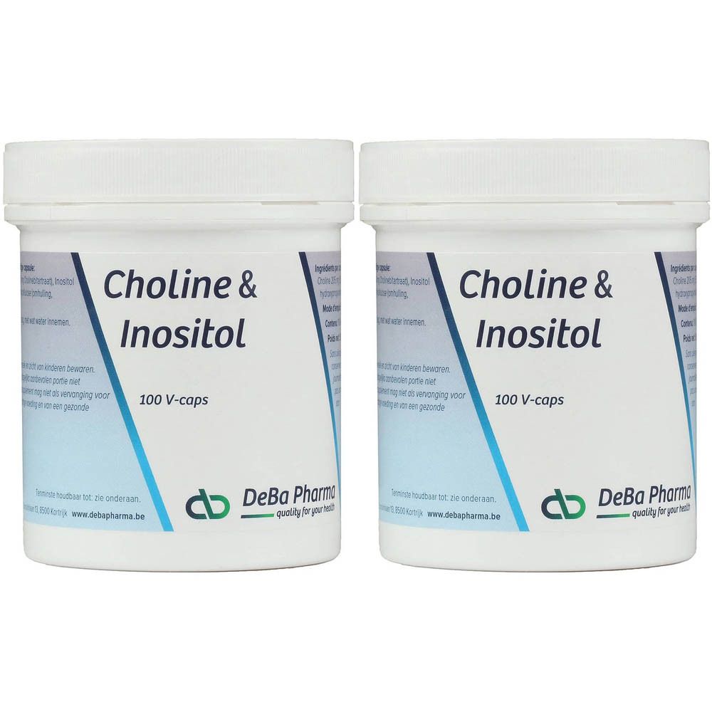 Twee witte potten met deksels. Opschrift: Choline & Inositol, 100 V-caps. Logo: DeBa Pharma.