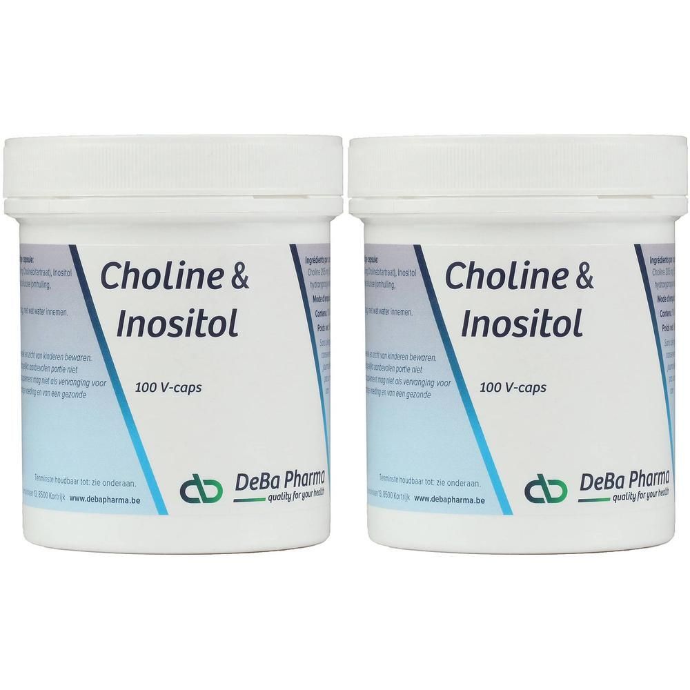 Twee witte potten met opschrift Choline & Inositol. Daaronder staat 100 V-caps en het logo van DeBa Pharma.