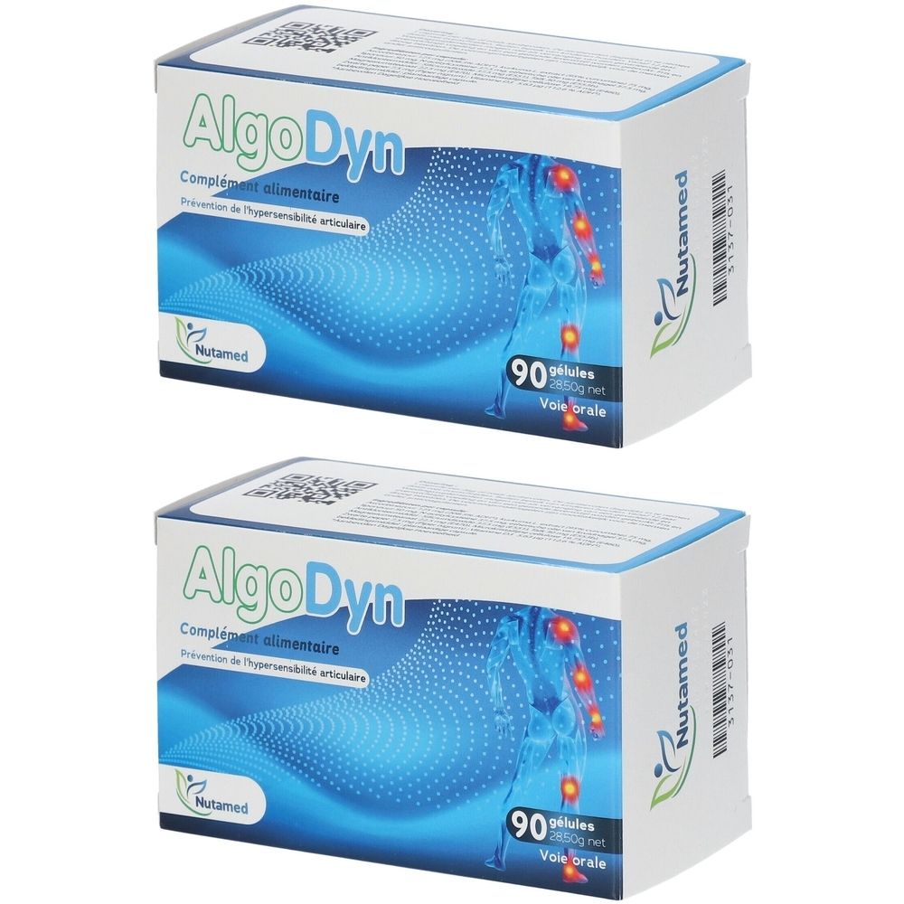 Twee dozen met de tekst AlgoDyn. Opschrift: voedingssupplement, 90 capsules, oraal gebruik. Merk Nutamed.