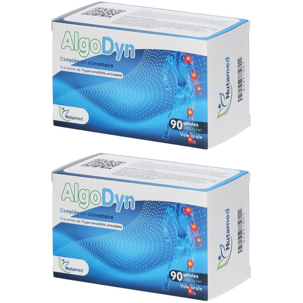 Twee dozen Nutamed AlgoDyn®. Witte verpakking met blauw design en productinformatie. 90 capsules.
