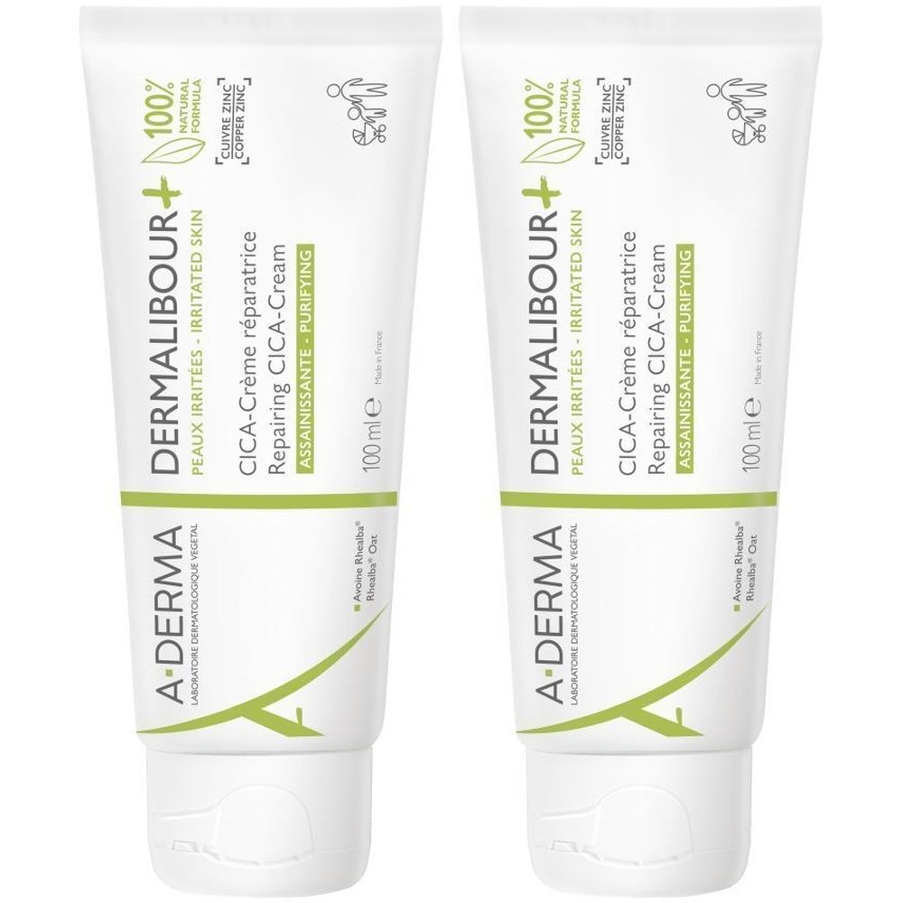Twee tubes A-DERMA Dermalibour+ Cica-crème. Wit, groene tekst. 100% natuurlijke formule. Voor geïrriteerde huid.