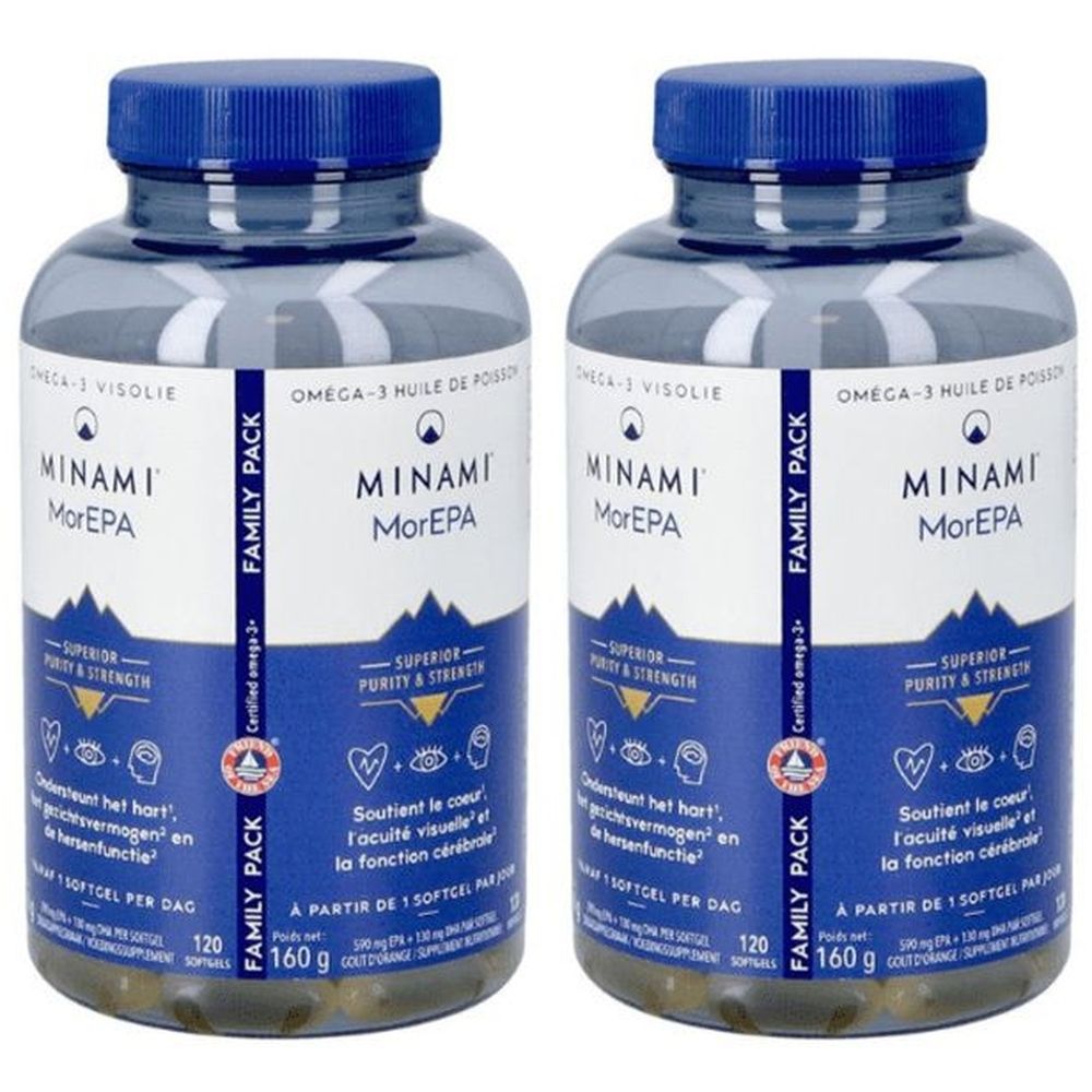 Twee flessen met blauwe doppen. Etiket met MINAMI MorEPA, Omega-3 Visolie en FAMILY PACK. Bevat 120 softgels.