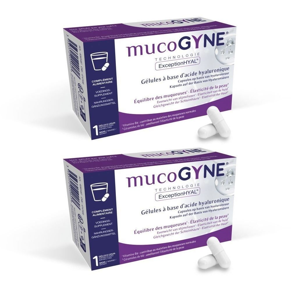 Twee dozen MUCOGYNE, paars-wit. Capsules ernaast. Tekst: Gélules à base d'acide hyaluronique, Équilibre des muqueuses.