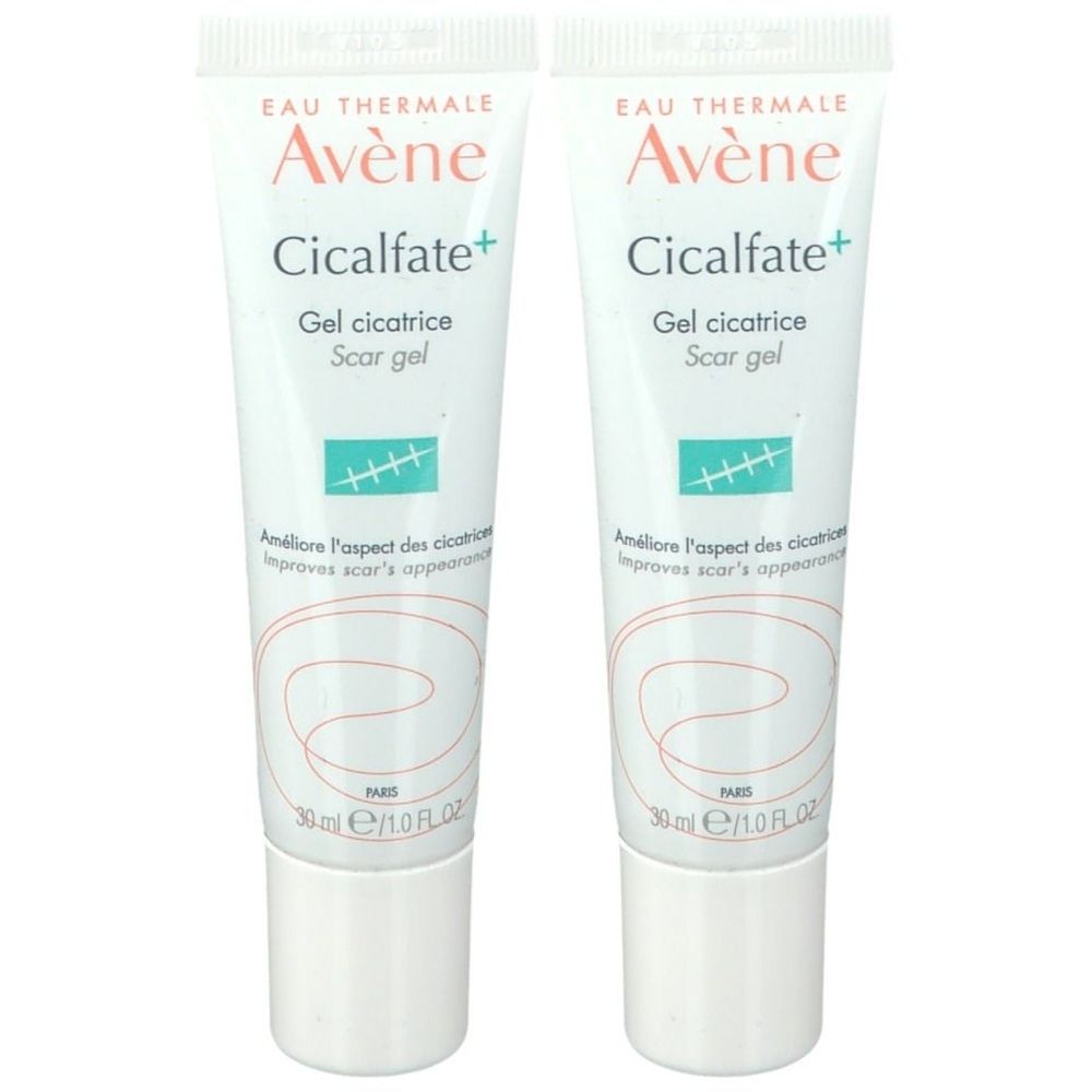 Deux tubes blancs. Inscription: Avène Cicalfate+ Gel cicatrice. Bouchon à vis blanc.
