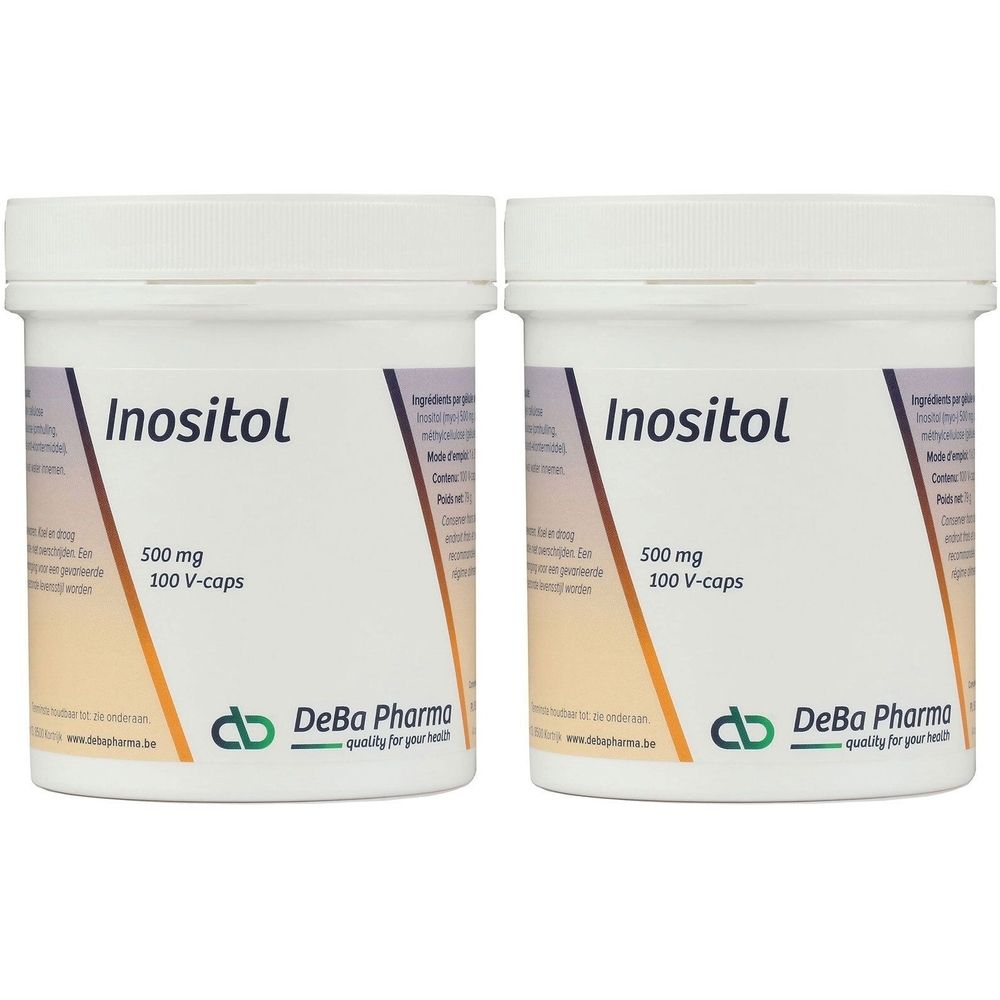 Deux pots blancs avec "Inositol". Inscription: 500 mg, 100 V-caps. Logo DeBa Pharma.
