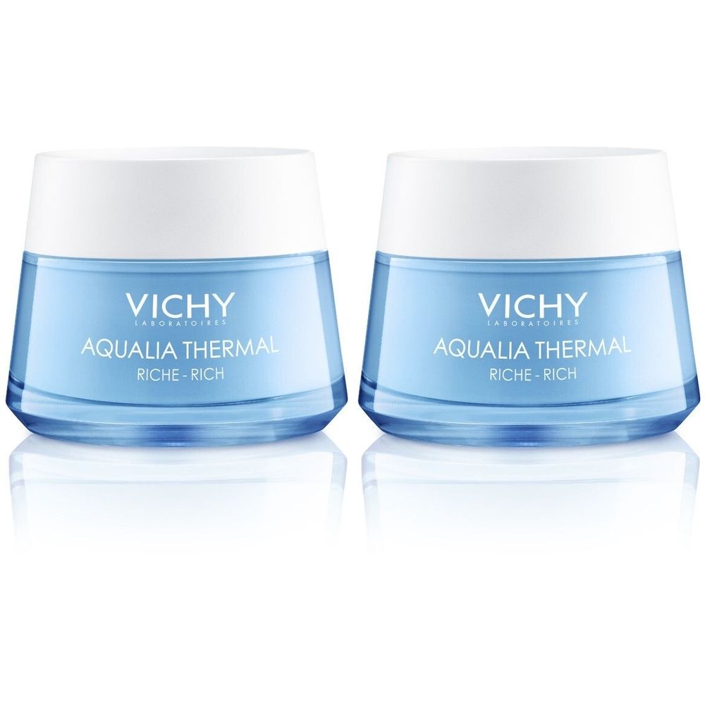 Twee crèmepotten met witte deksels en lichtblauw glas. Opschrift: Vichy, Aqualia Thermal Riche-Rich.