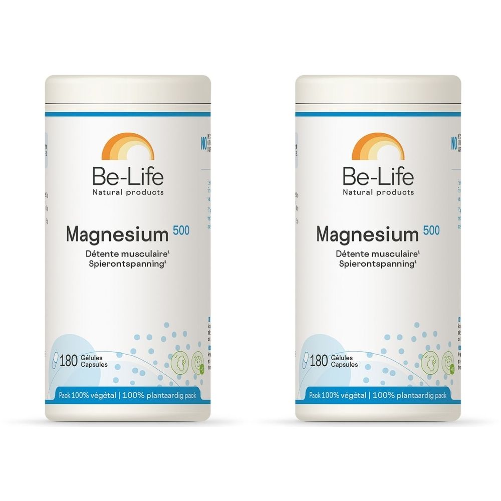 Twee witte potten met "Be-Life Magnesium 500". Opschrift: "Détente musculaire Spierontspanning". 180 capsules. Verpakking 100% plantaardig.