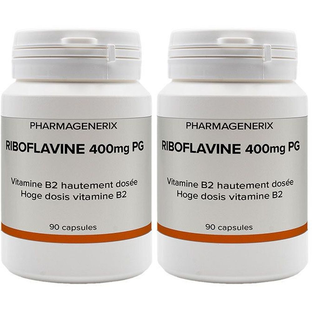 Deux flacons blancs avec étiquettes. Inscription: PHARMAGENERIX, Riboflavine 400mg PG, Vitamine B2, 90 capsules. Bande orange.