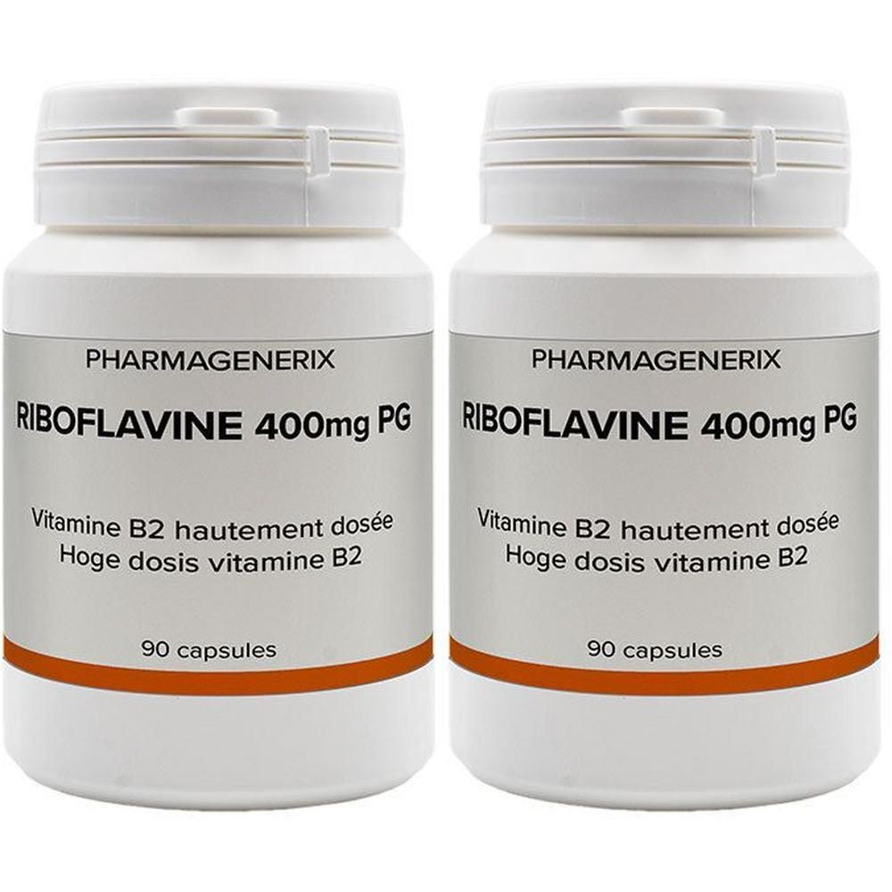 Twee witte flessen met etiketten. Opschrift: Pharmagenerix Riboflavine 400 mg PG. Bevat 90 capsules.