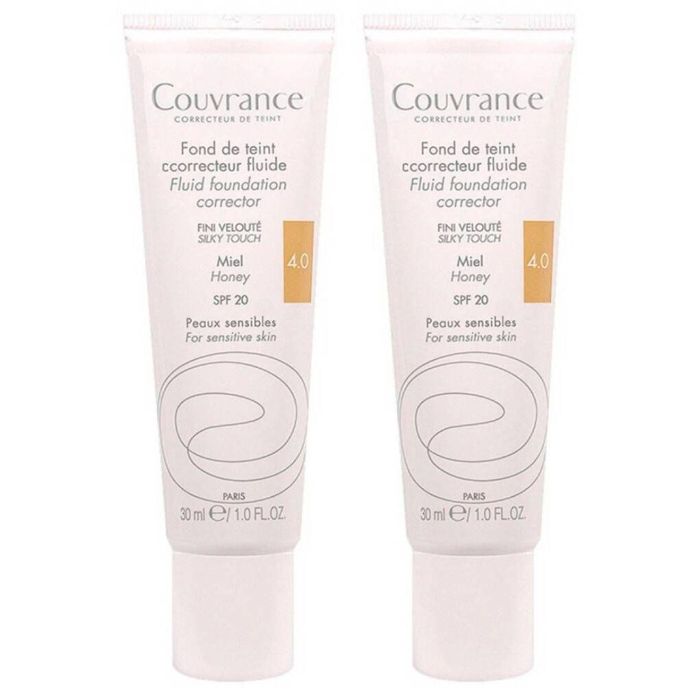 Twee tubes Avène Couvrance fluide foundation. Opschrift: Miel Honey 4.0, SPF 20. Voor gevoelige huid. 30 ml.